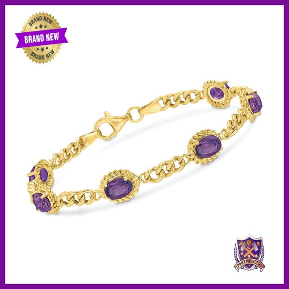 18kt Gold Over Sterling Silver Amethyst Link Bracelet 7 Inches